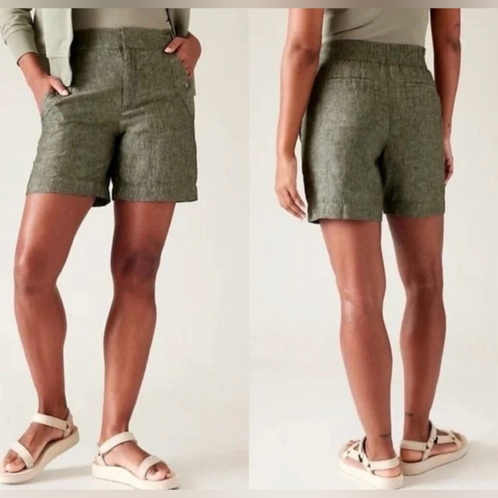 Athleta Voyager Green High Rise Linen Shorts